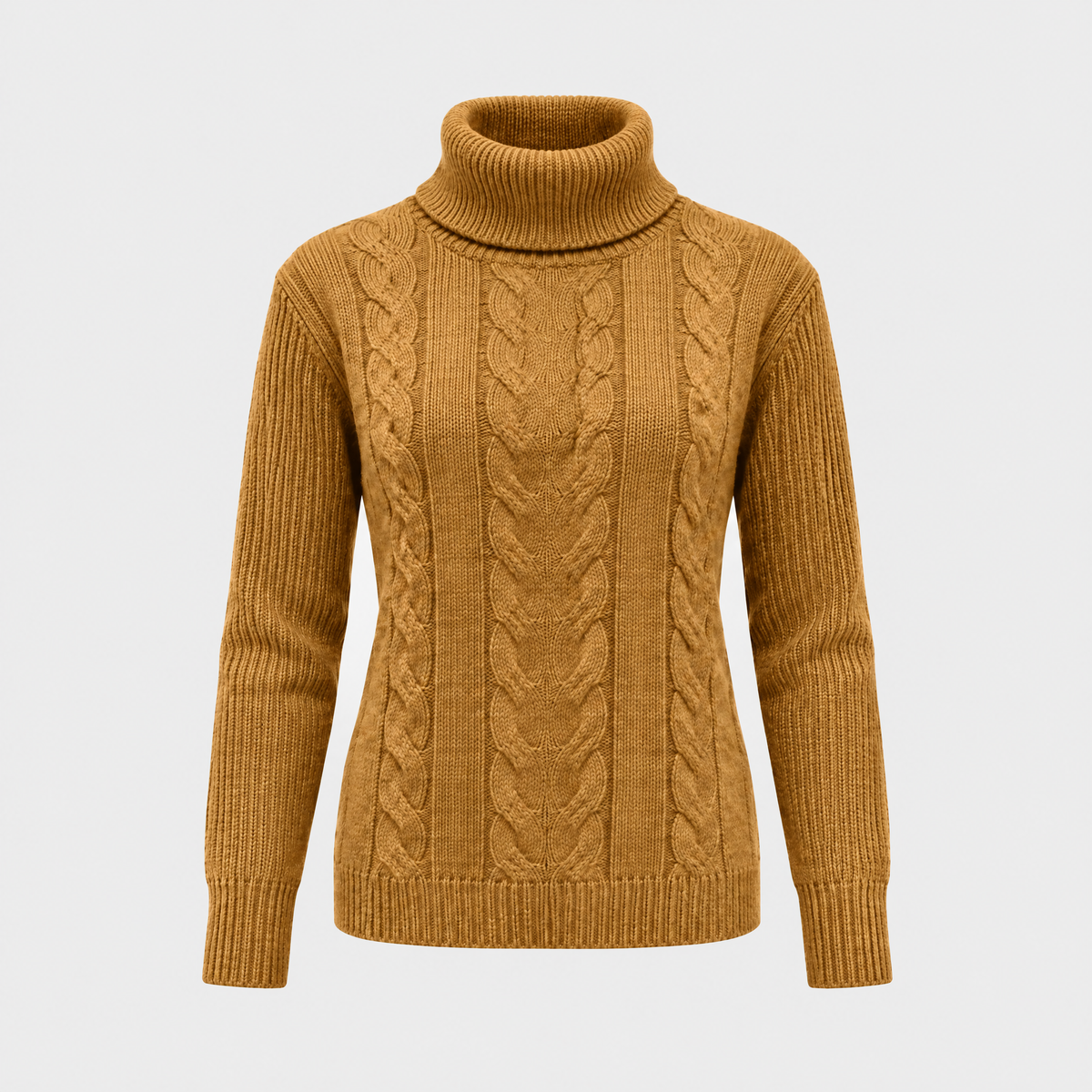 Catherine Womens Cable Knit Turtleneck Sweater in Light Brown