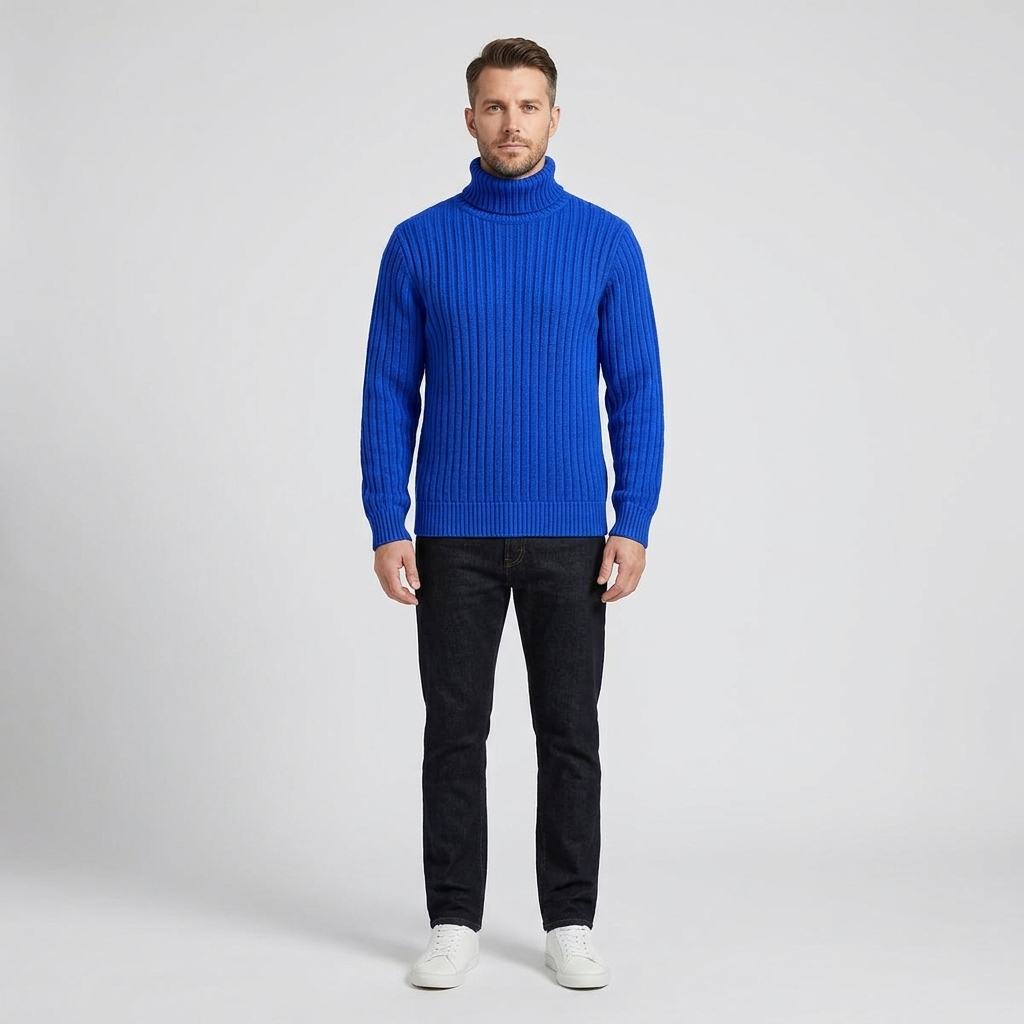 Colton Mens Wool Blend Turtleneck Sweater in Cobalt Blue, worn, front view