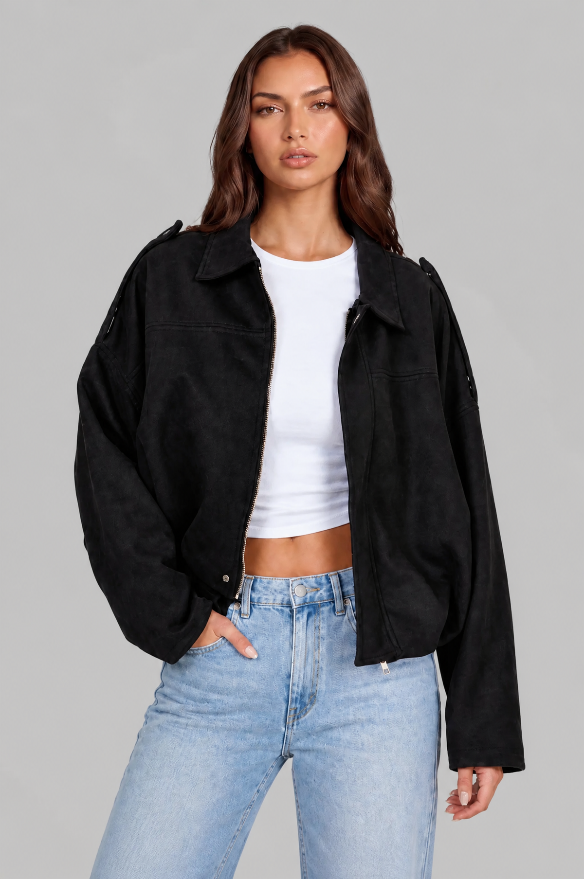 Jean Womens Oversized Suede Jacket, Cropped in Black