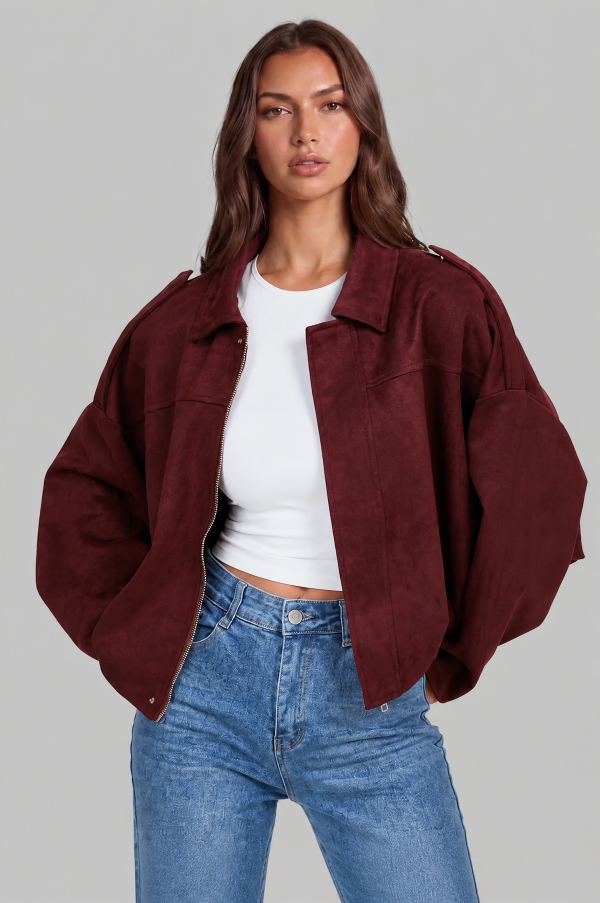 Jean Womens Oversized Suede Jacket, Cropped in Burgundy