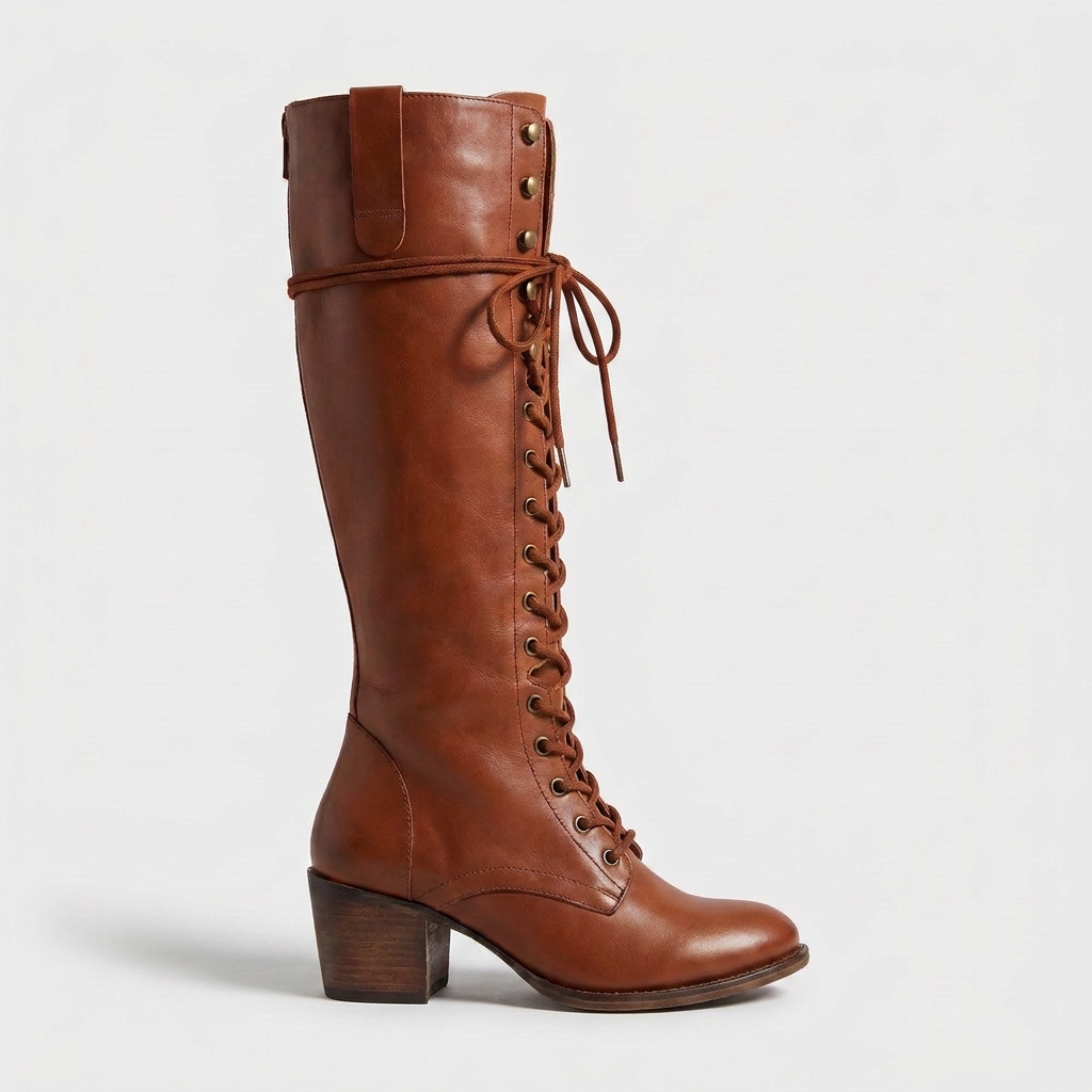 Jane Womens Leather Boots Lace-Up with Side Zipper in brown