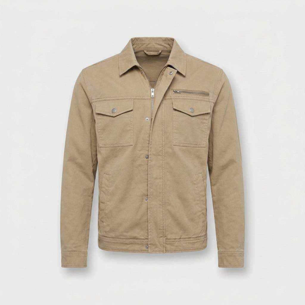 Julian Mens Zip Up Military Jacket, Cotton Twill in khaki