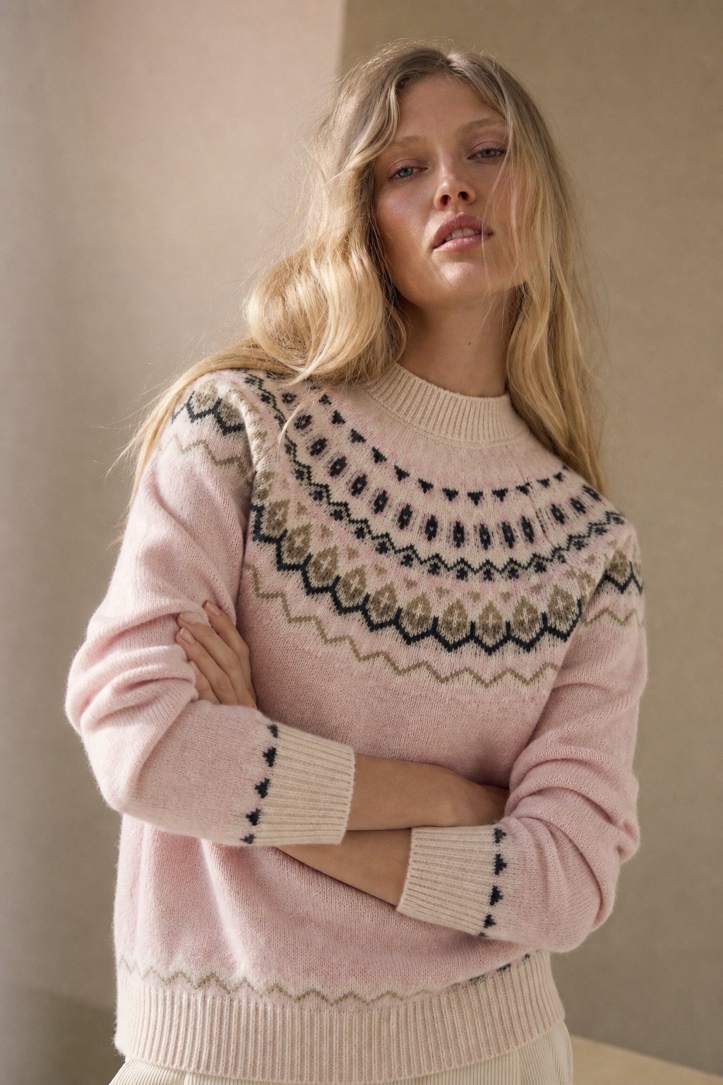 Carrie Womens Fair Isle Cashmere Sweater with Mock Neck