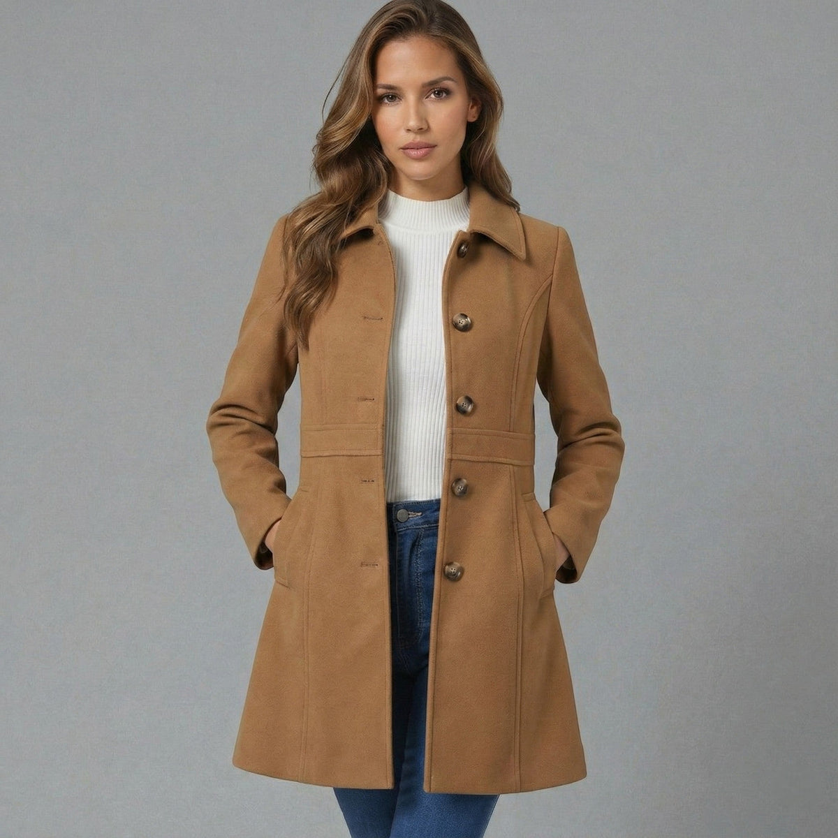 Josephine Womens A-Line Winter Coat with Button Placket in Brown