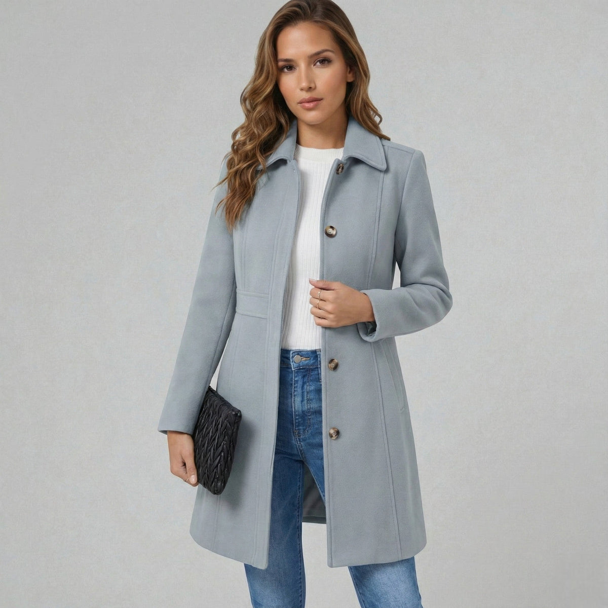 Josephine Womens A-Line Winter Coat with Button Placket in Gray