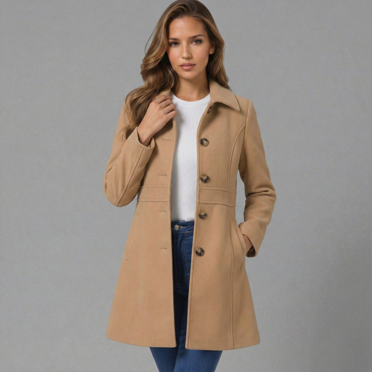 Josephine Womens A-Line Winter Coat with Button Placket in Khaki