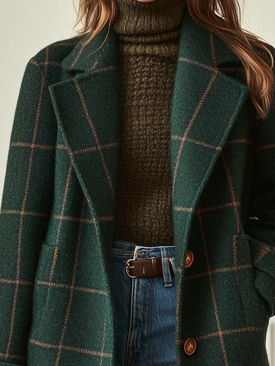 Julie Womens Wool Blend Check Coat with Lapel Collar
