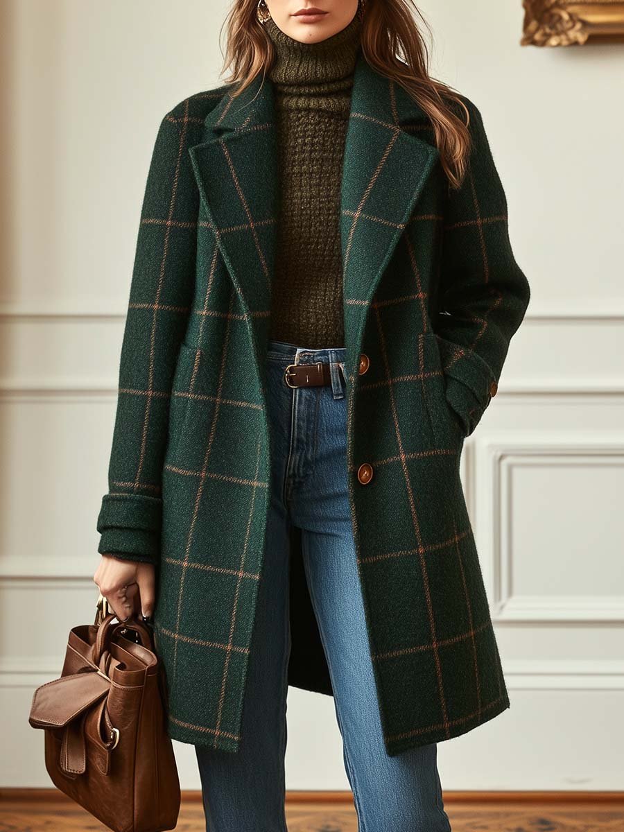 Julie Womens Wool Blend Check Coat with Lapel Collar in Dark Green