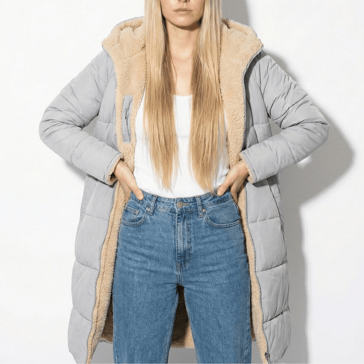 Kaela Womens Long Quilted Winter Coat in Gray