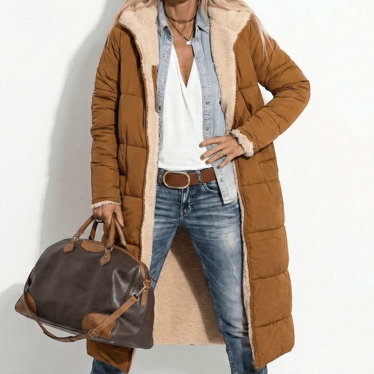 Kaela Womens Long Quilted Winter Coat in Brown