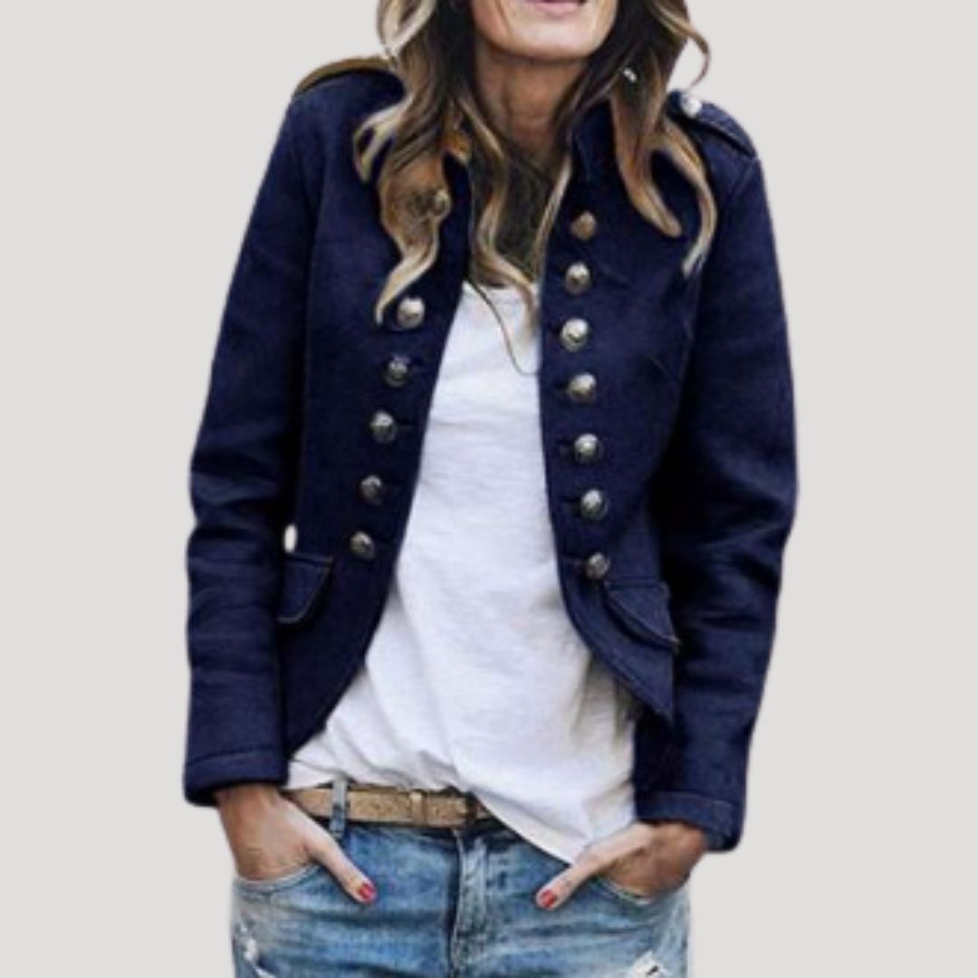 Women's Double-Breasted Military Cropped Jacket | Stand Collar, Silver Buttons, Epaulettes | 5 Colorways | S–5XL