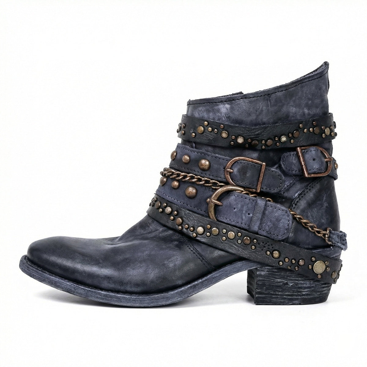 Kelly Womens Studded Leather Ankle Boots with Buckles in Blue