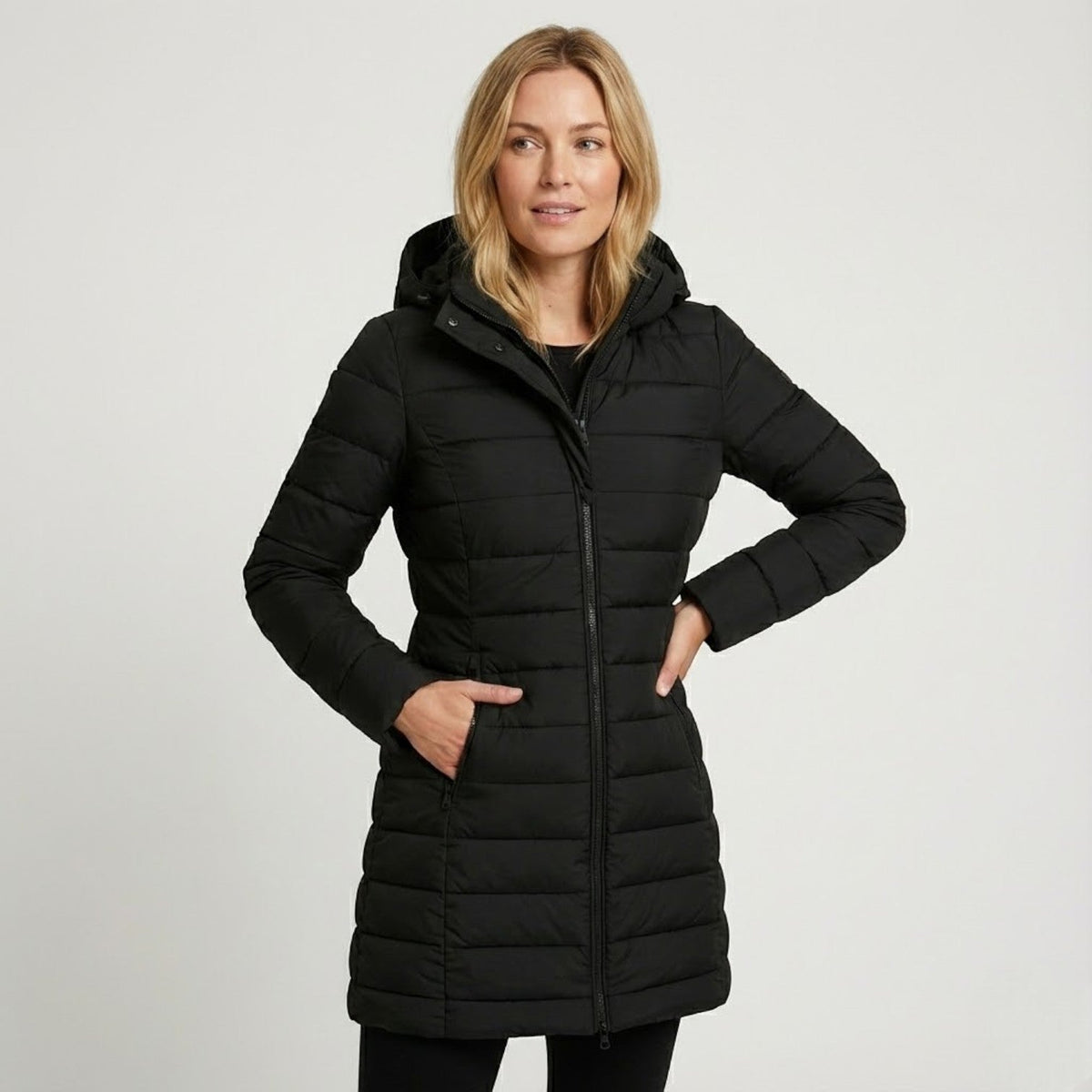Liora Womens Long Puffer Coat, Quilted in Black