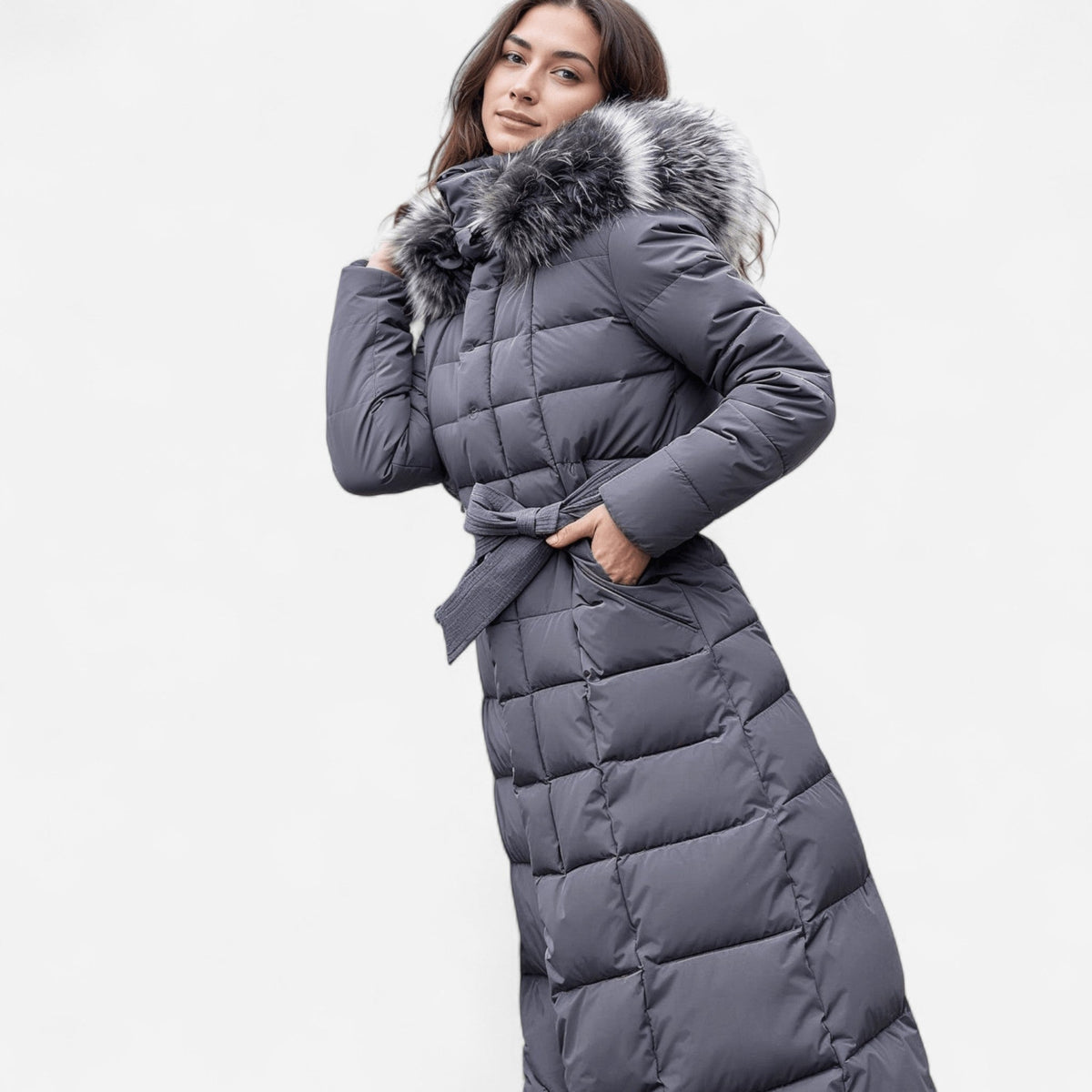 Molly Womens Long Puffer Coat with Faux Fur Hood in Dark Gray