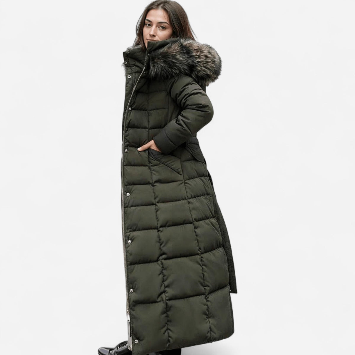Molly Womens Long Puffer Coat with Faux Fur Hood in Military Green