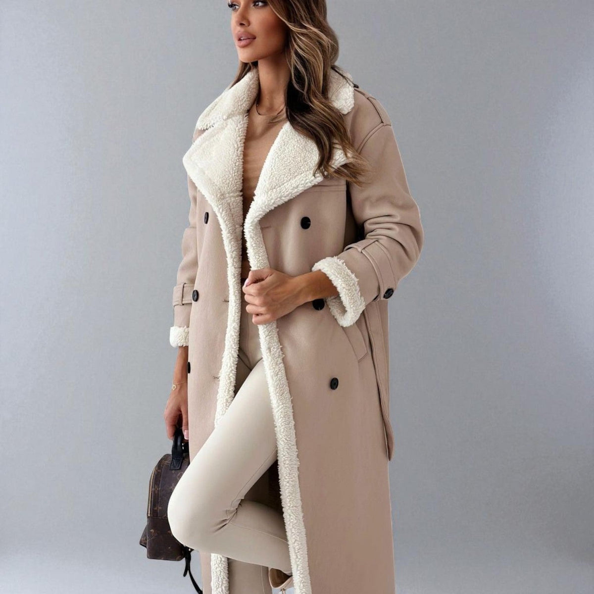 Mara Womens Long Teddy Coat with Belt in Khaki