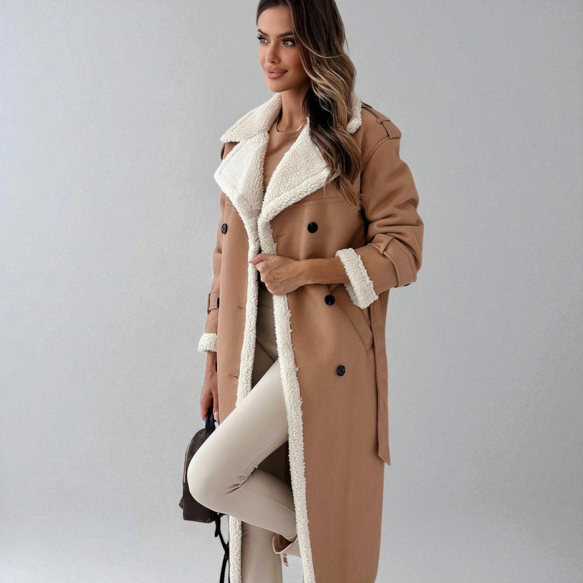 Mara Womens Long Teddy Coat with Belt in Apricot