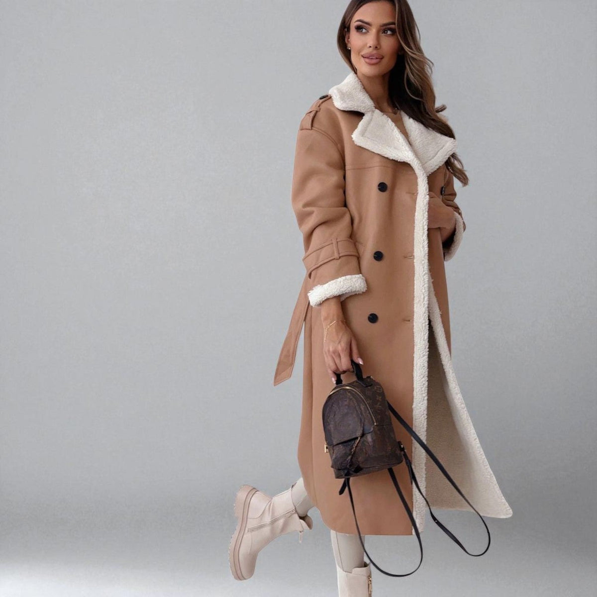 Mara Womens Long Teddy Coat with Belt