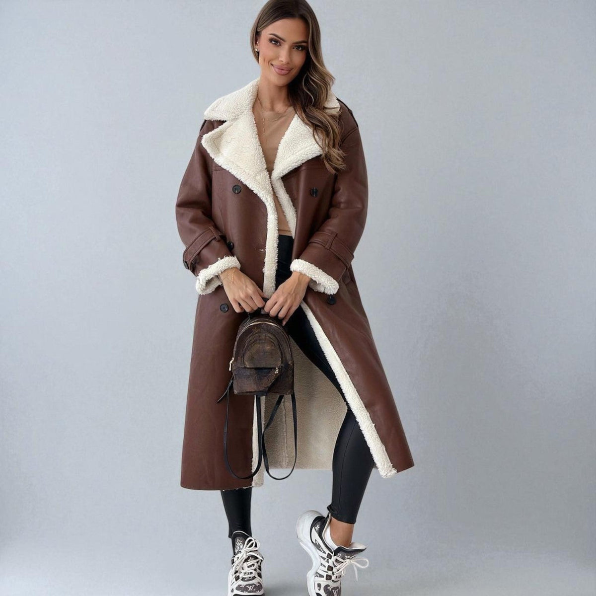 Mara Womens Long Teddy Coat with Belt in Brown