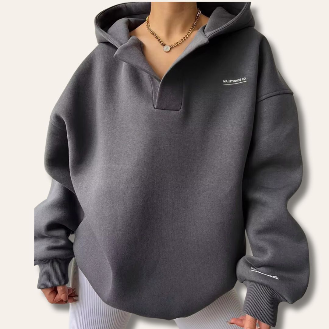 Candice Womens Oversized Pullover Hoodie with Notch Neck in Gray