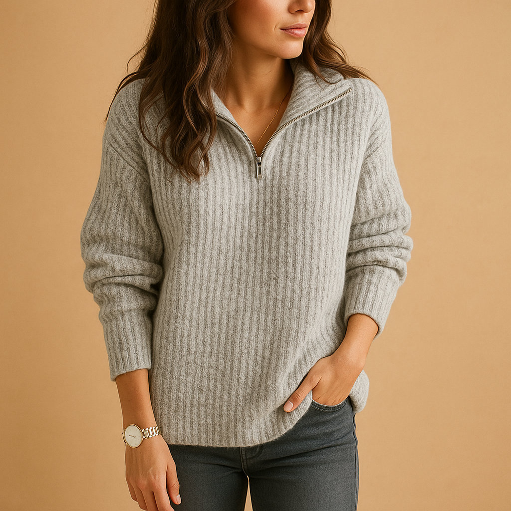 Marlena | Women's Half-Zip Ribbed Knit Sweater — Camel Layering Pullover with Adjustable Collar | Westmere