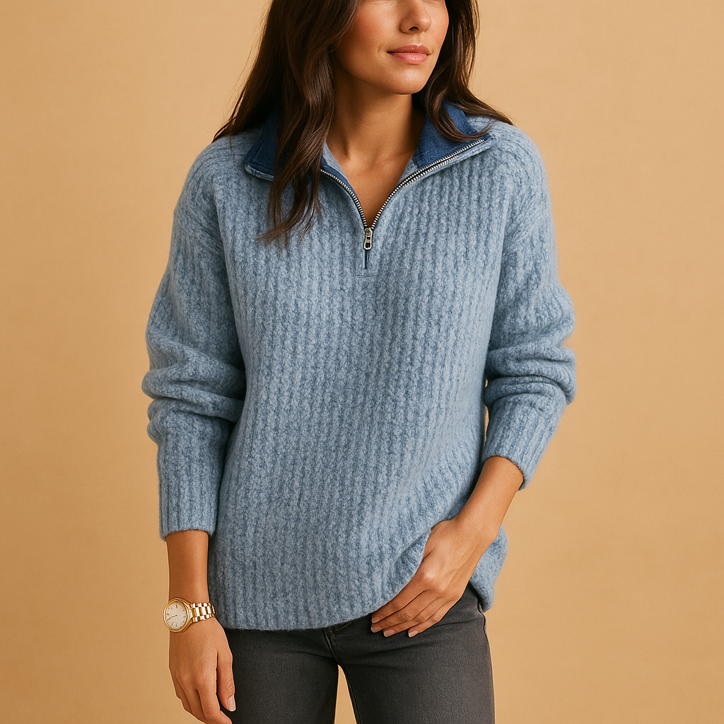 Marlena | Women's Half-Zip Ribbed Knit Sweater — Camel Layering Pullover with Adjustable Collar | Westmere