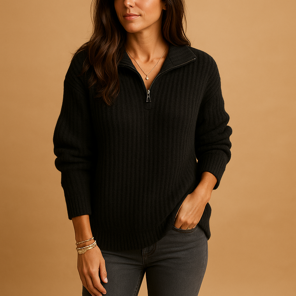 Marlena | Women's Half-Zip Ribbed Knit Sweater — Camel Layering Pullover with Adjustable Collar | Westmere