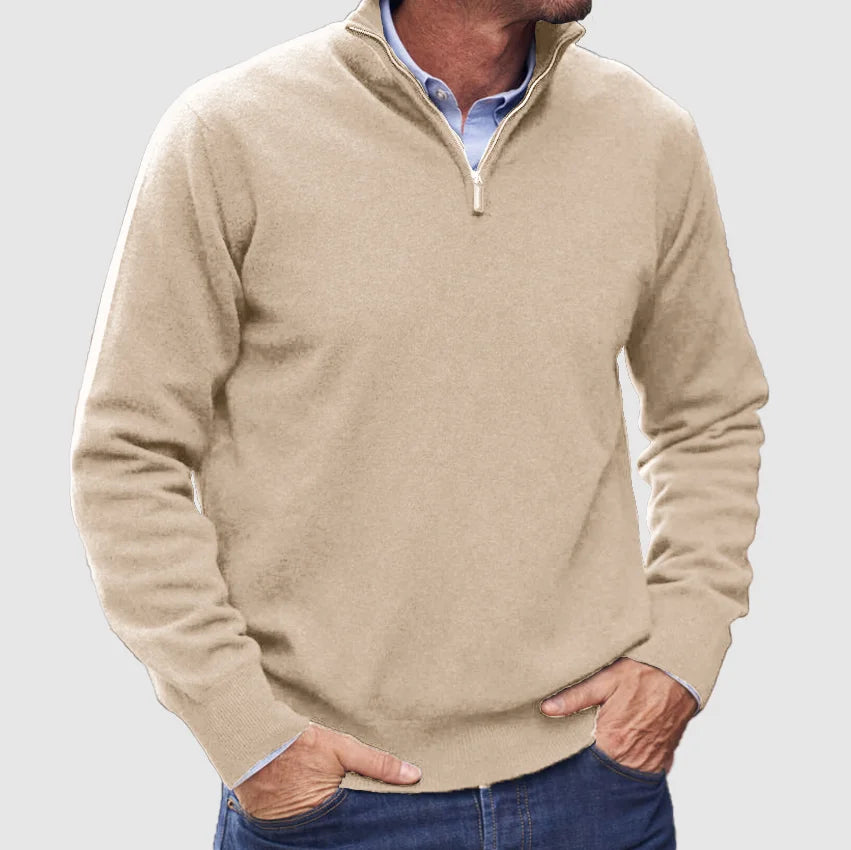Nicholas Mens Zip Neck Sweater with Stand Collar in Beige