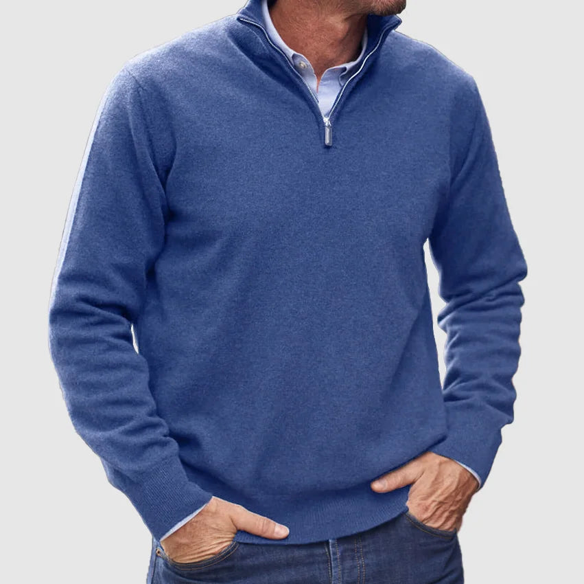 Nicholas Mens Zip Neck Sweater with Stand Collar in Blue