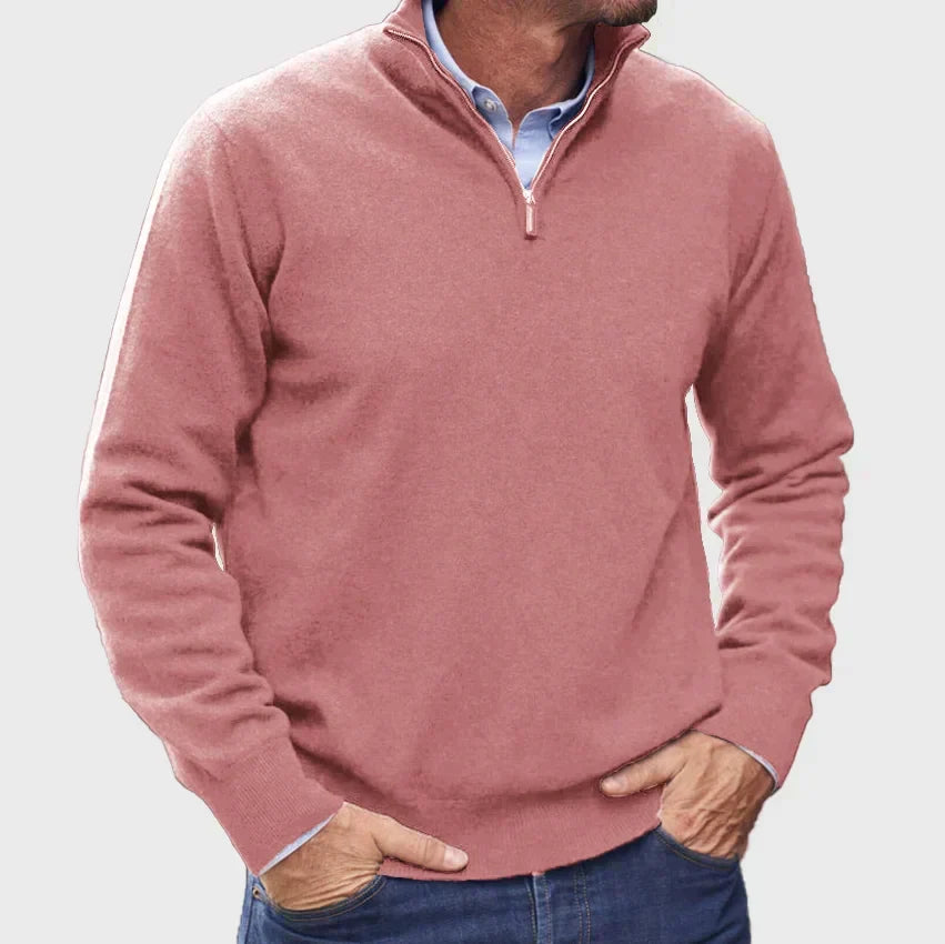 Nicholas Mens Zip Neck Sweater with Stand Collar in Pink