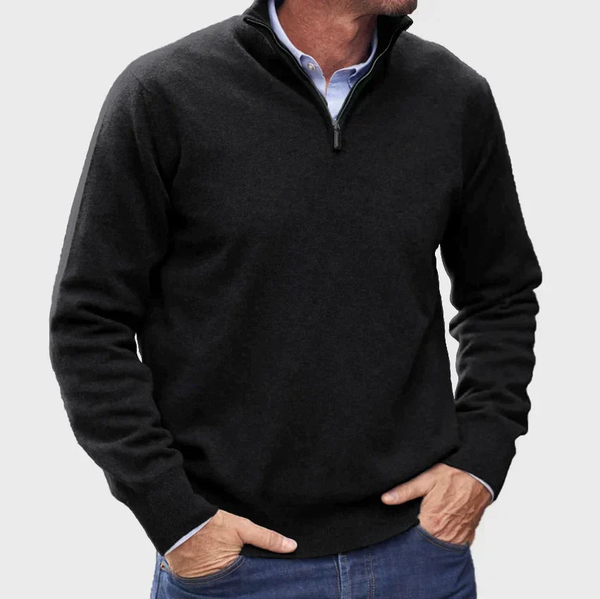 Nicholas Mens Zip Neck Sweater with Stand Collar in Black