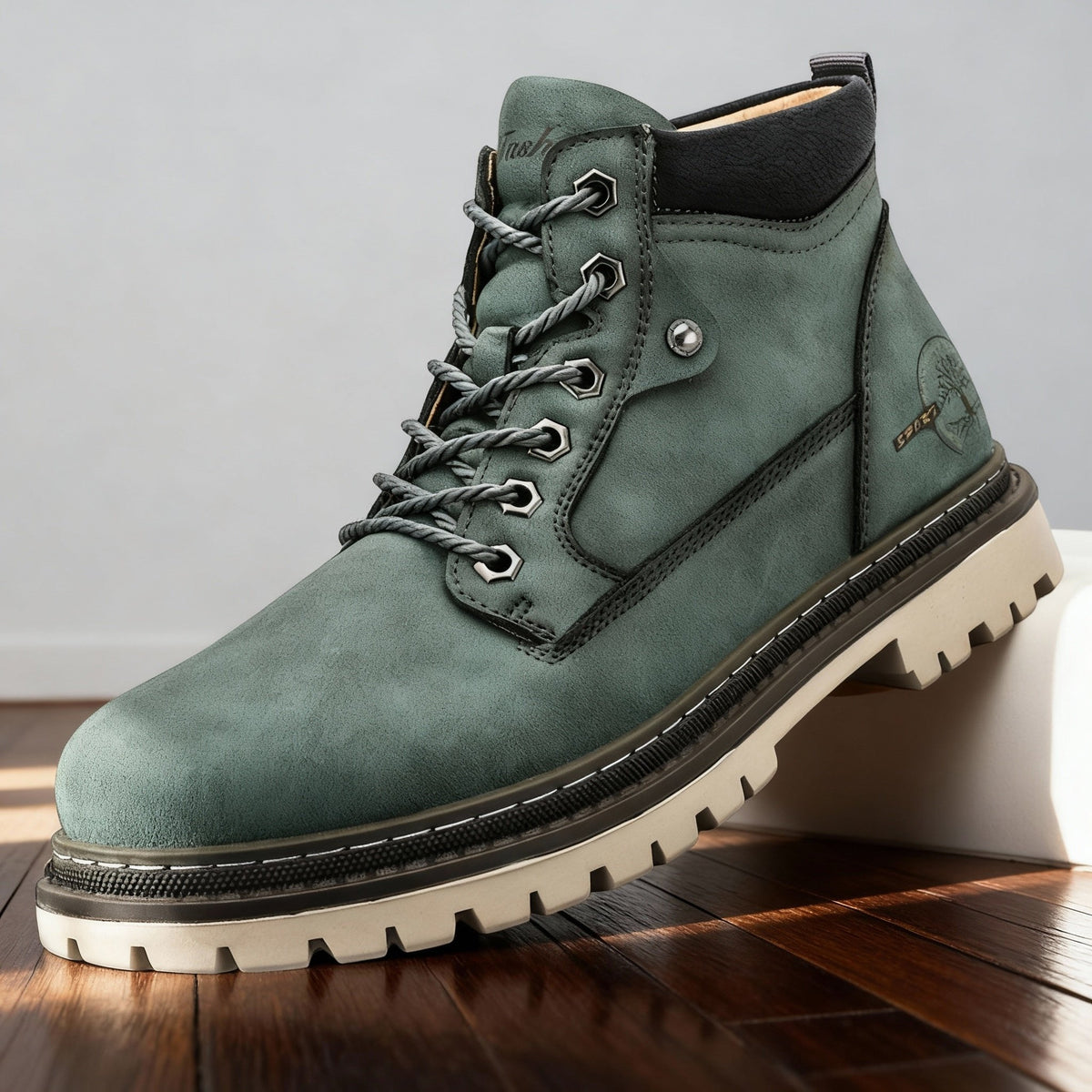 Greg Mens Leather Work Boots, Lace-Up in Moss Green