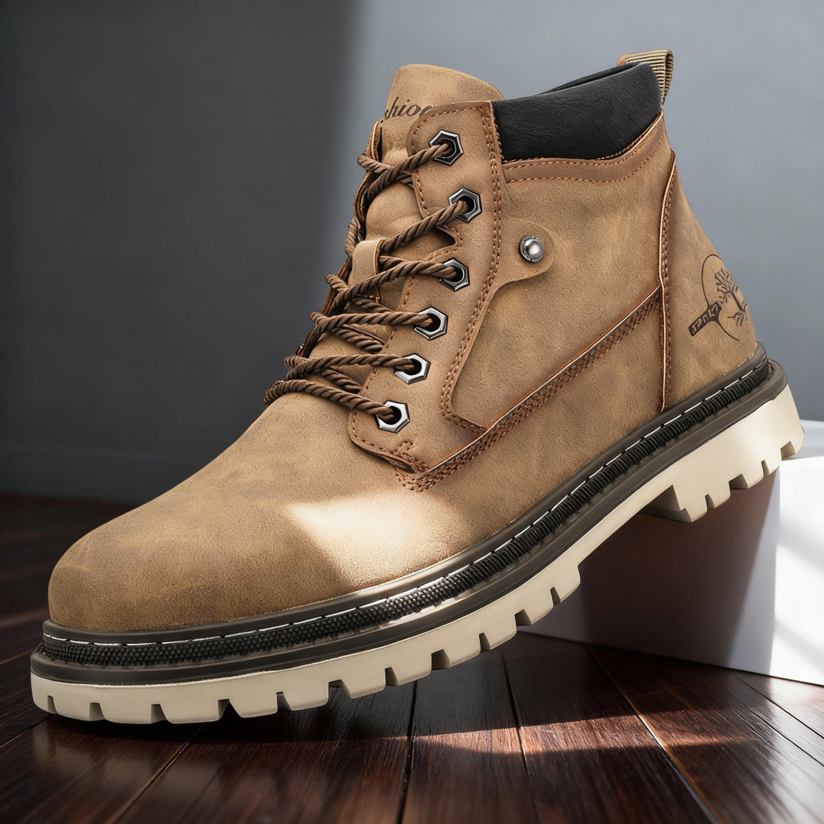 Greg Mens Leather Work Boots, Lace-Up in Khaki