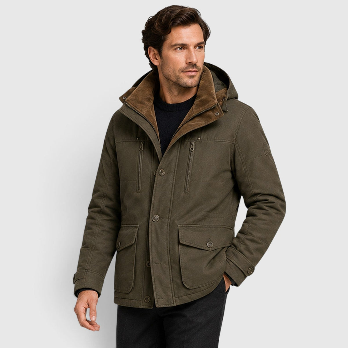 Blake Mens Multi-Pocket Winter Jacket with Fleece Lining in Green