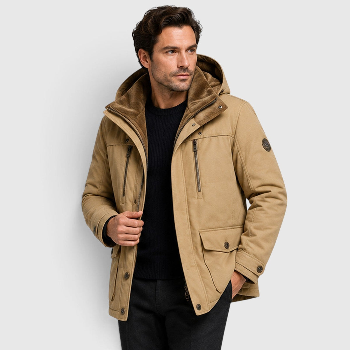 Blake Mens Multi-Pocket Winter Jacket with Fleece Lining in Khaki