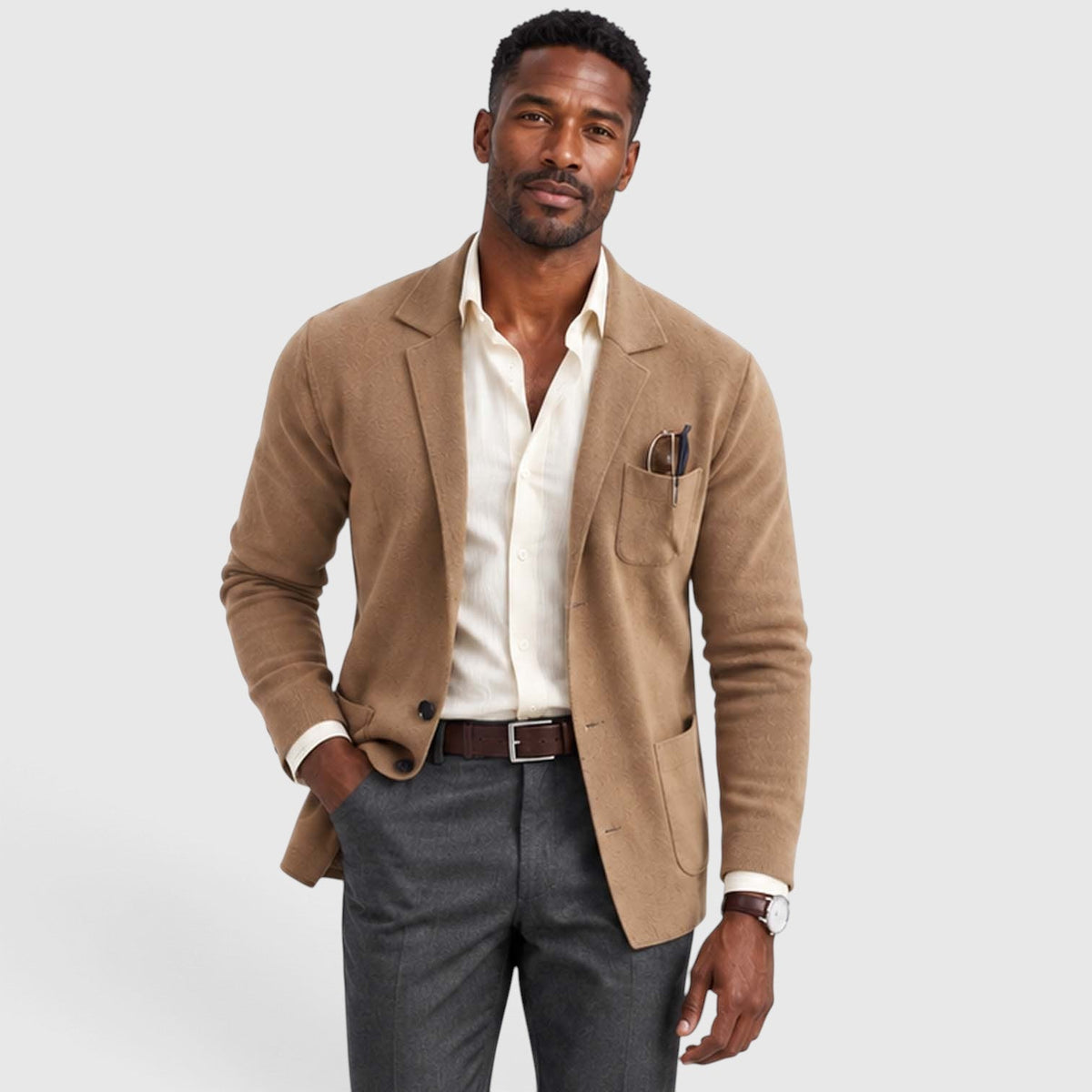 Logan Mens Knit Blazer Jacket, Notched Lapel in Beige