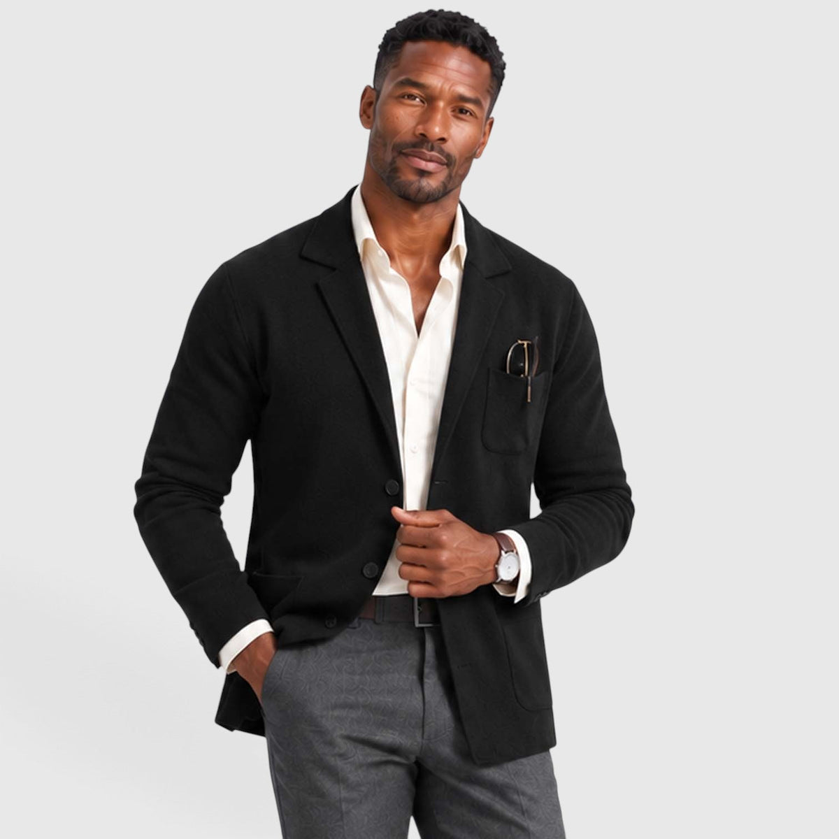 Logan Mens Knit Blazer Jacket, Notched Lapel in Black