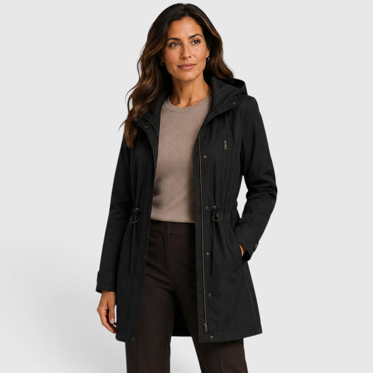 Yolanda Womens Mid-Length Cotton Coat for Spring and Fall in Black