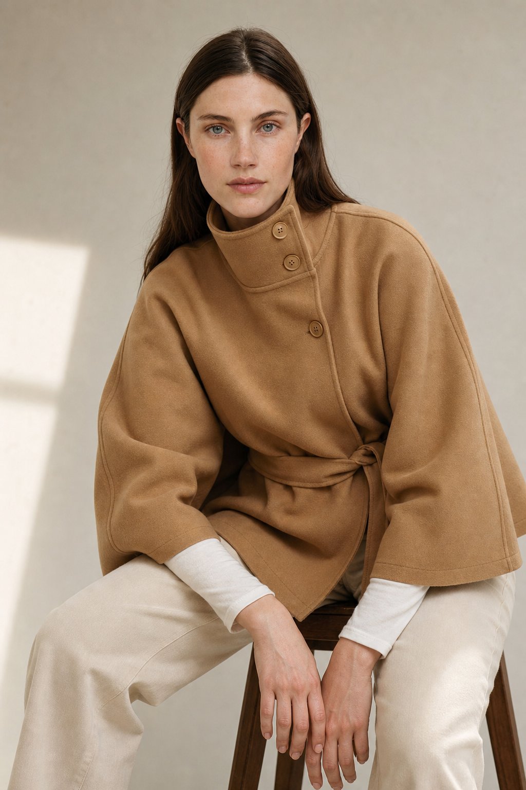 Leslie Womens Wool Blend Cape Coat with Belted Waist in Khaki