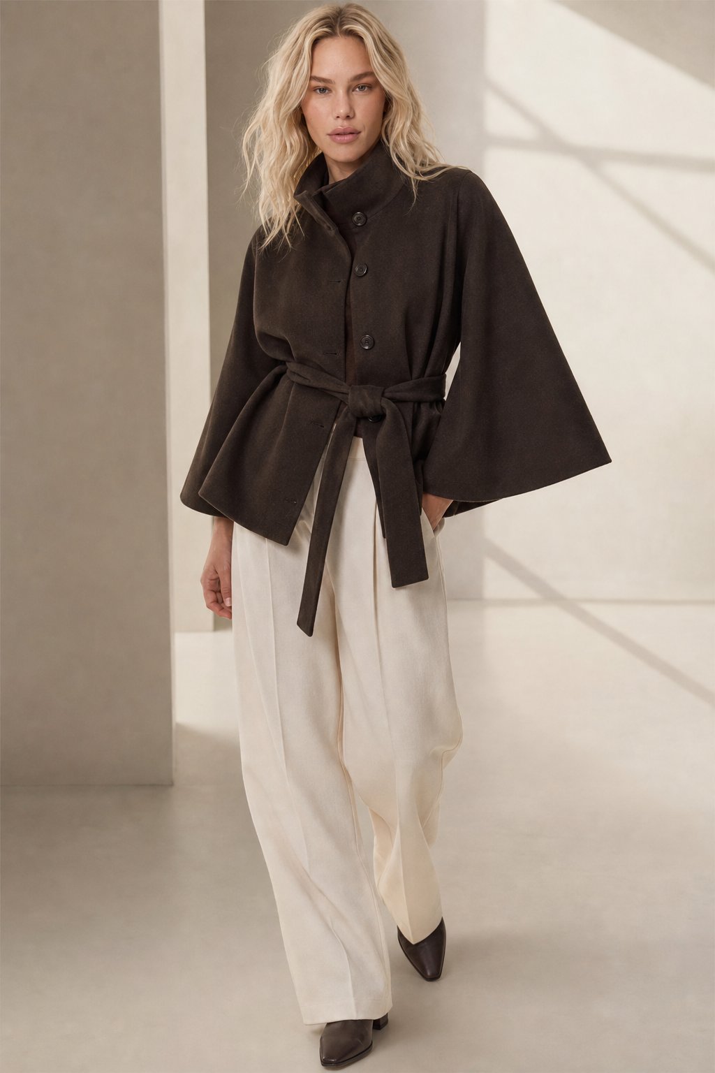 Leslie Womens Wool Blend Cape Coat with Belted Waist