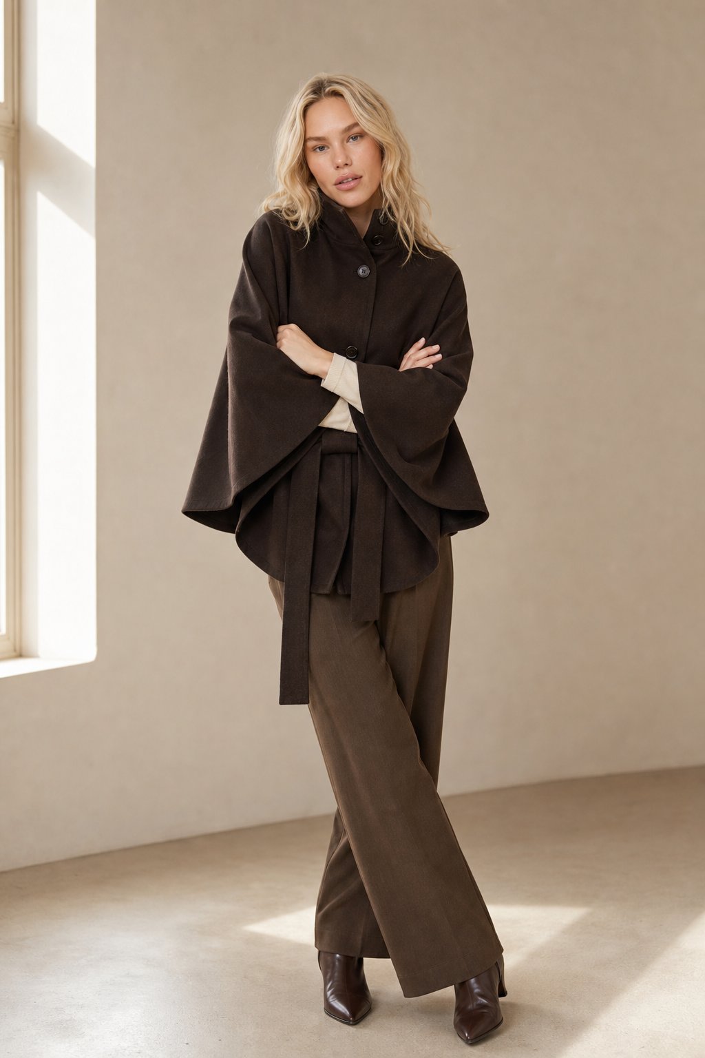 Leslie Womens Wool Blend Cape Coat with Belted Waist in Coffee