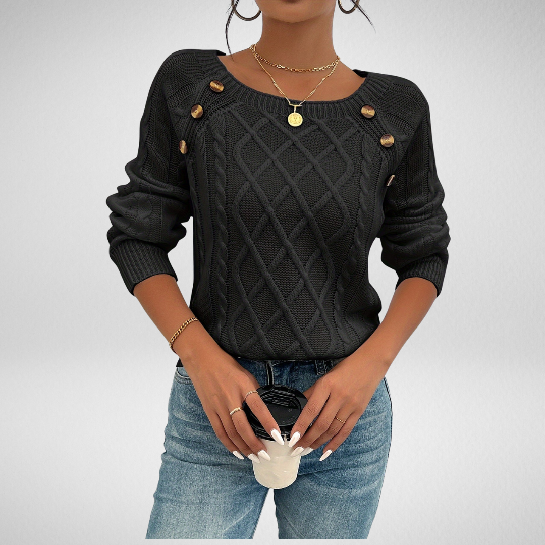Odaline | Women's Cable Knit Pullover Sweater — Diamond-Texture Crew Neck with Button Shoulder | Westmere