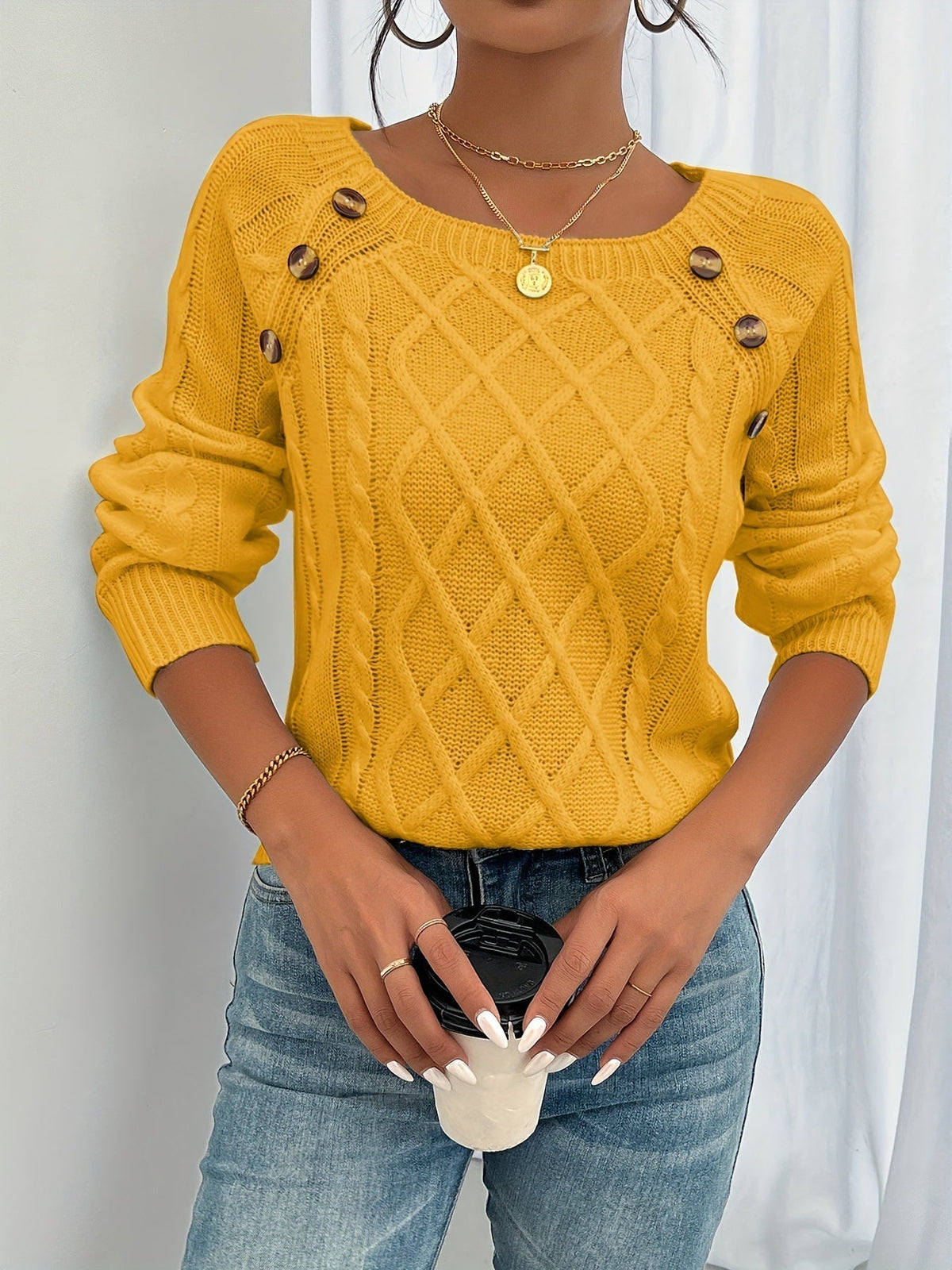 Odaline | Women's Cable Knit Pullover Sweater — Diamond-Texture Crew Neck with Button Shoulder | Westmere