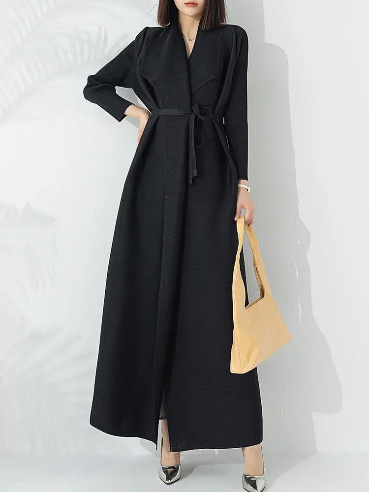 Crystal Womens Belted A-Line Long Coat in Black