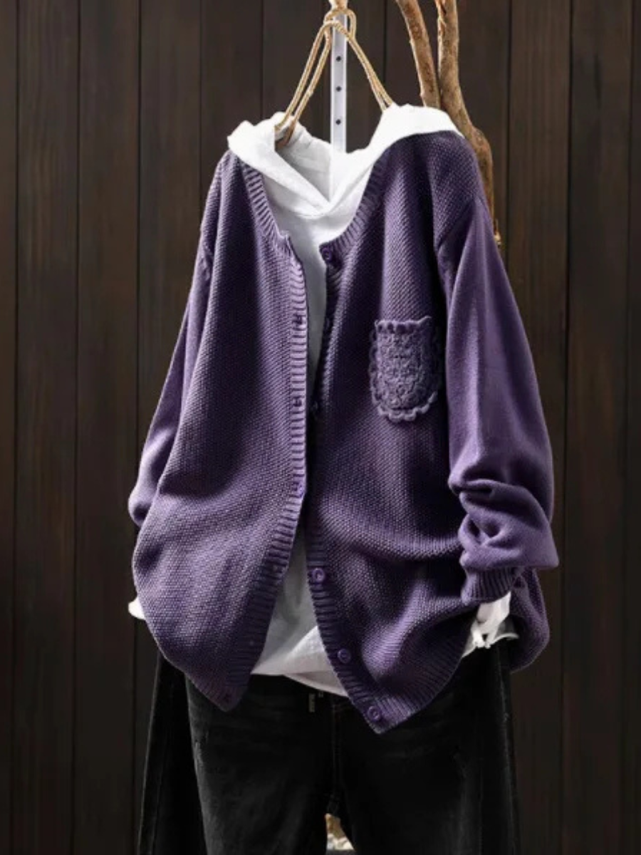 Remilda | Women's Oversized Knit Cardigan Sweater — Embroidered Chest Pocket in 8 Colors | Westmere