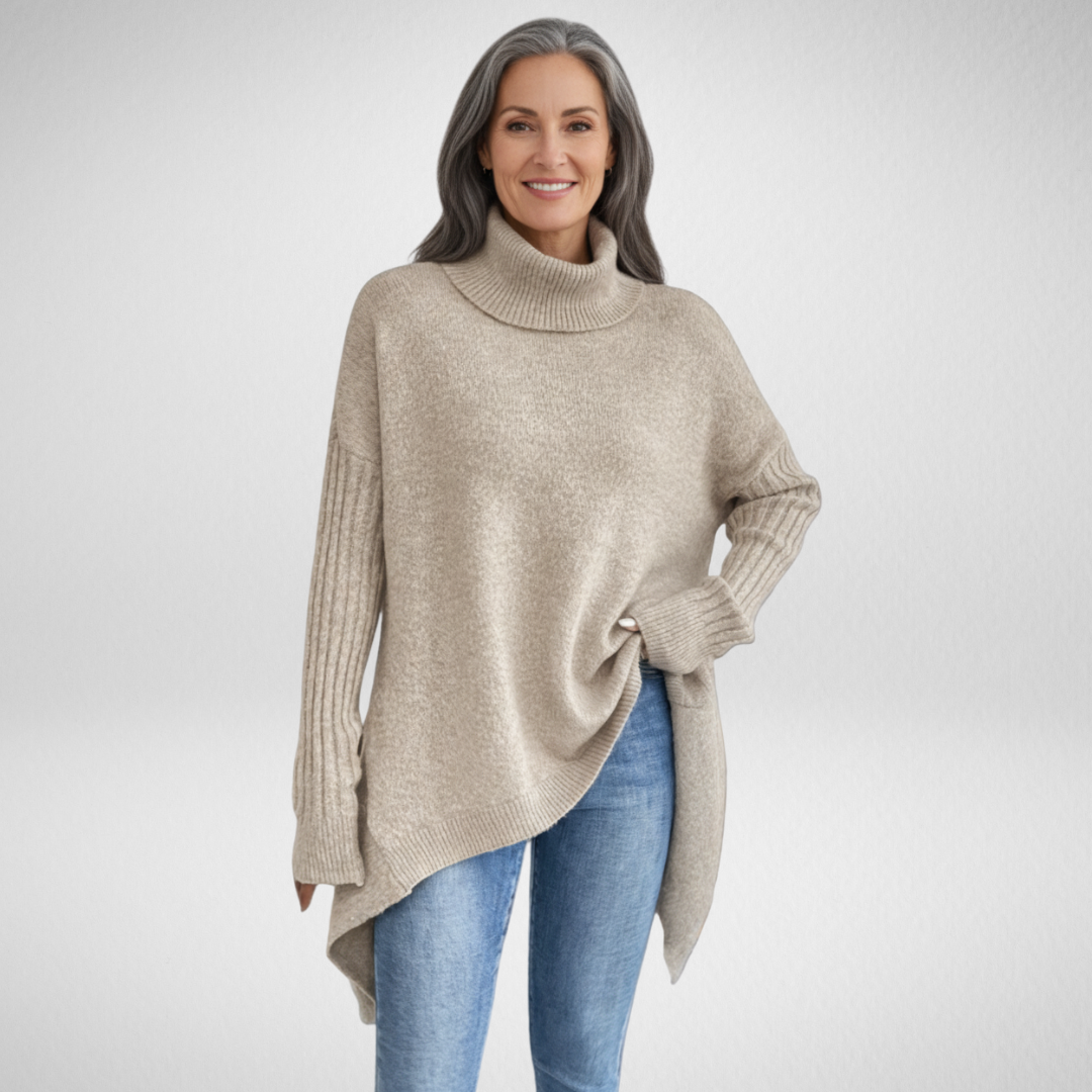 Romara | Women's Oversized Turtleneck Sweater — Draped Asymmetric Hem Pullover in 5 Colors | Westmere