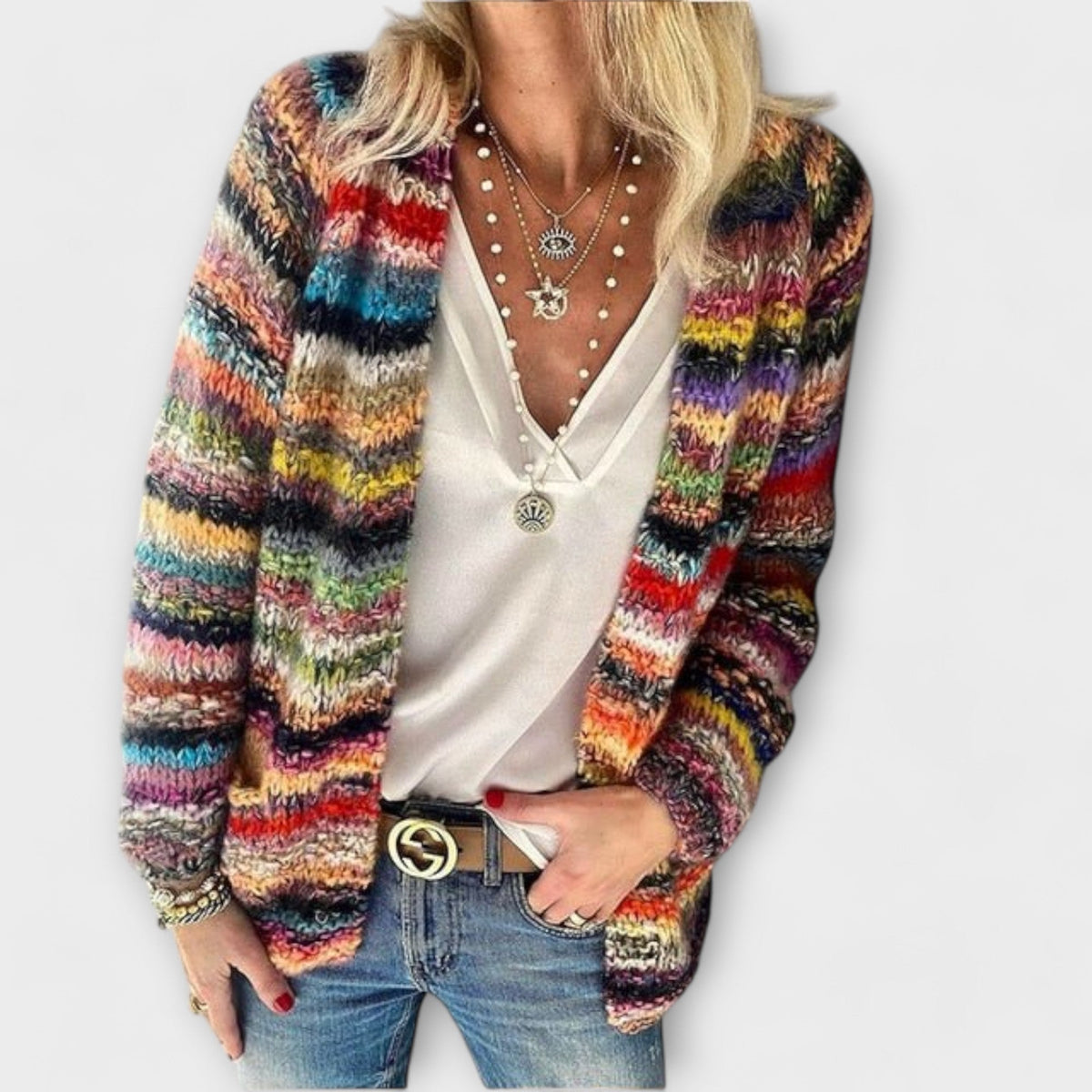 Roswen | Women's Multicolor Striped Open-Front Knit Cardigan — Oversized Layering Sweater | Westmere