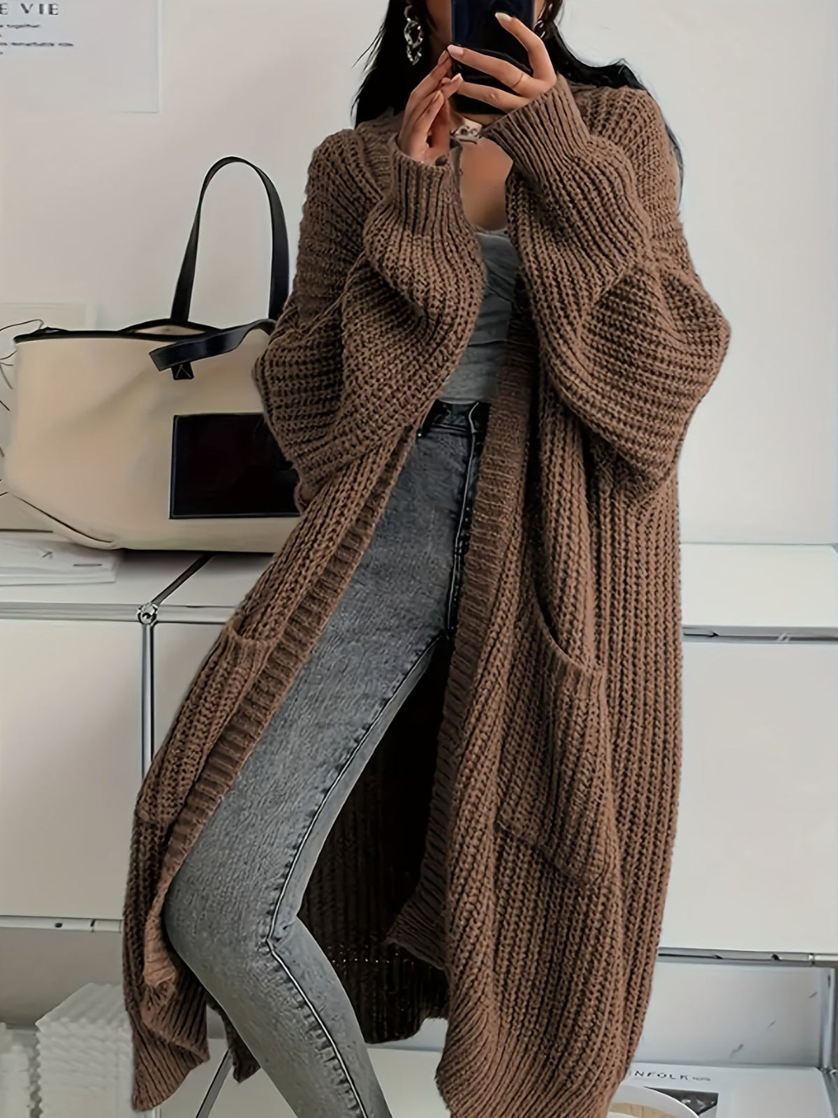 Women's Oversized Longline Knit Cardigan, Open Front | Chunky Ribbed Knit, Mid-Thigh Length | 6 Colorways | S–3XL