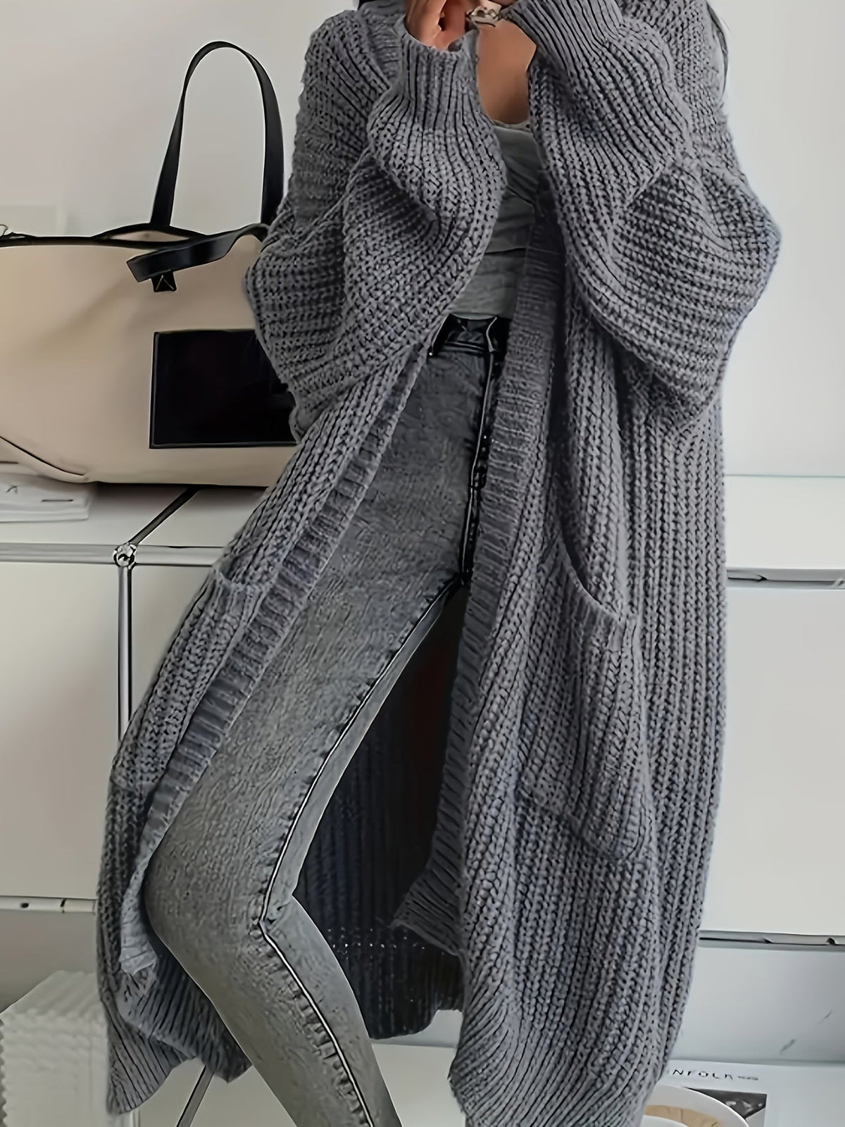 Women's Oversized Longline Knit Cardigan, Open Front | Chunky Ribbed Knit, Mid-Thigh Length | 6 Colorways | S–3XL