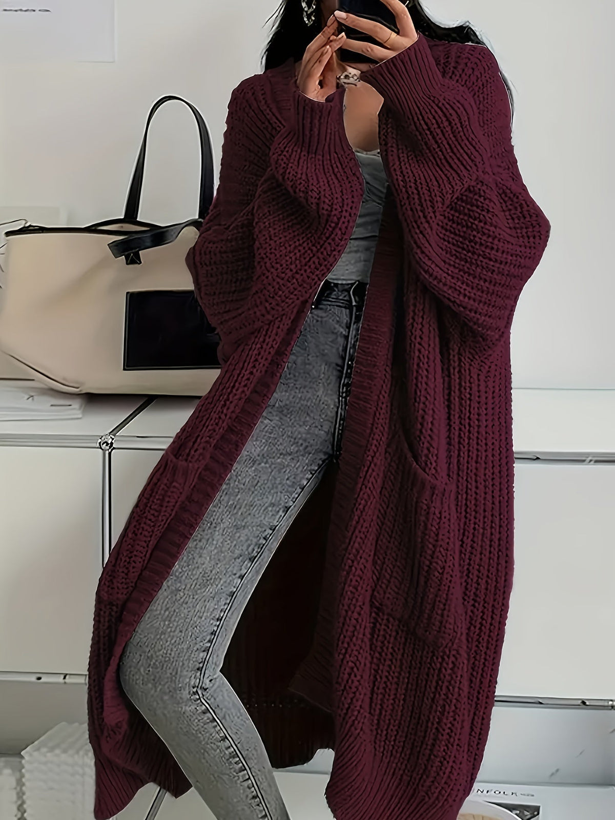 Women's Oversized Longline Knit Cardigan, Open Front | Chunky Ribbed Knit, Mid-Thigh Length | 6 Colorways | S–3XL